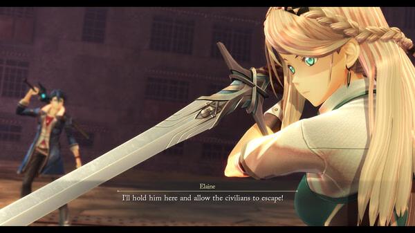 A screenshot from The Legend of Heroes: Trails through Daybreak shows two characters facing off with swords drawn.