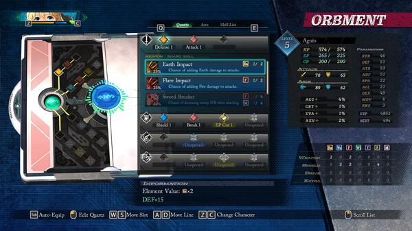 Screenshot from The Legend of Heroes: Trails through Daybreak showing the Orbment menu with equipped quartz and character stats.