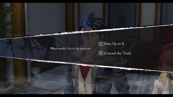 Screenshot from The Legend of Heroes: Trails through Daybreak showing a dialogue choice between "Own Up to It" and "Conceal the Truth."