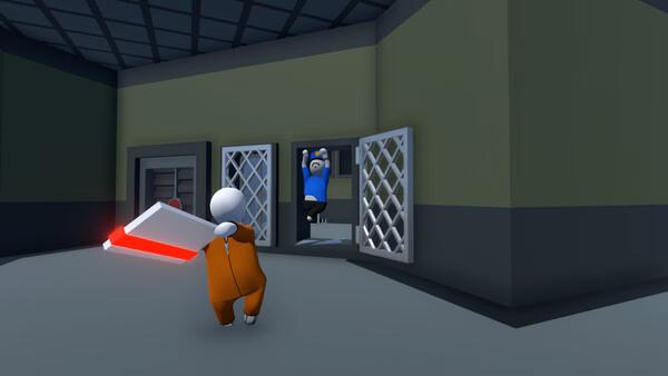 A screenshot from Human Fall Flat showing a character in orange holding a red object as another hangs from a window frame.