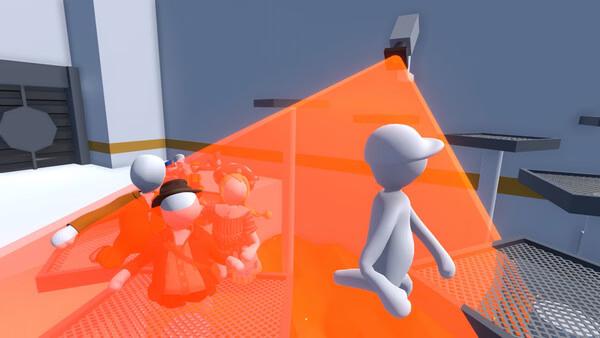 A screenshot from Human Fall Flat showing a group of wobbly characters illuminated by a red security laser in a futuristic room.