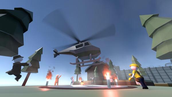 Screenshot from Human Fall Flat showing characters near a helicopter landing pad surrounded by torches and trees.