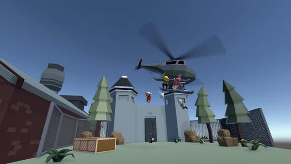Screenshot from Human Fall Flat showing characters hanging from a helicopter above a walled structure surrounded by trees.