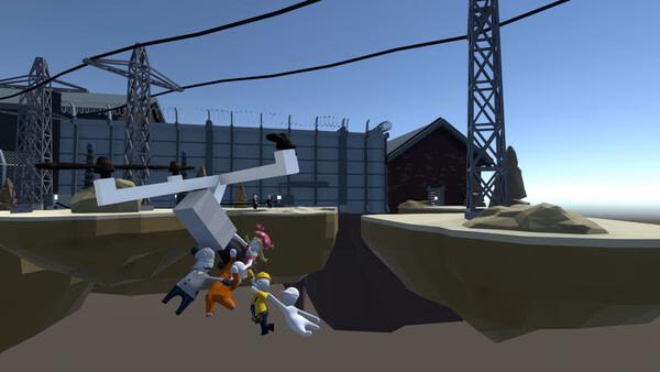 Screenshot from Human Fall Flat showing players dangling from a white propeller over a gap between floating platforms.