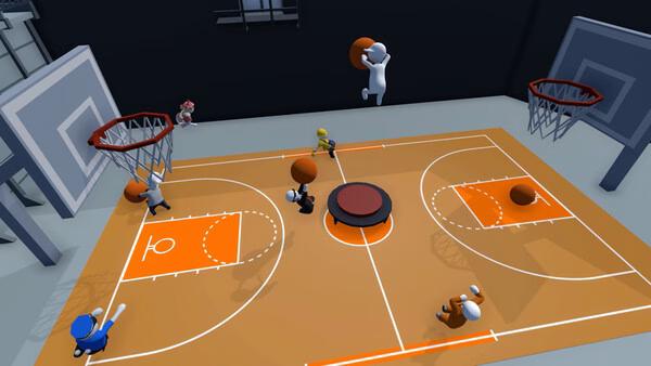 A screenshot from Human Fall Flat shows wobbly characters playing basketball on an orange court with a trampoline in the center.