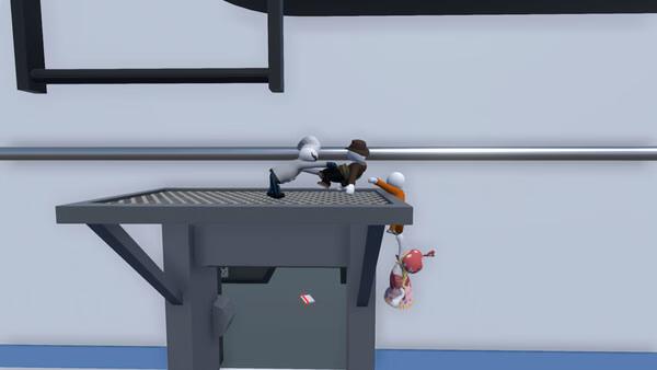 A screenshot from Human Fall Flat showing two players in hats hanging from a platform, with a door visible below.