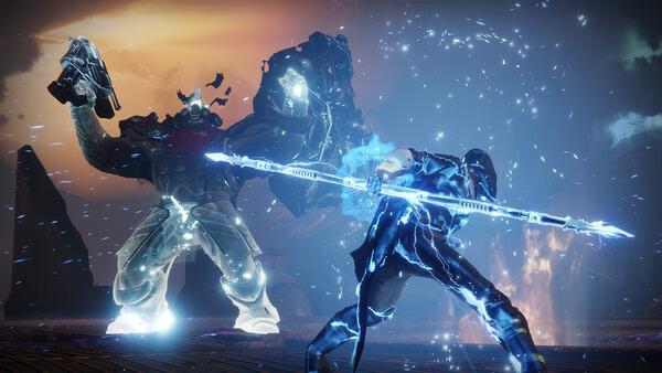 Destiny 2 screenshot: A glowing Guardian wields an electrified staff while facing a massive armored enemy under a fiery sky.