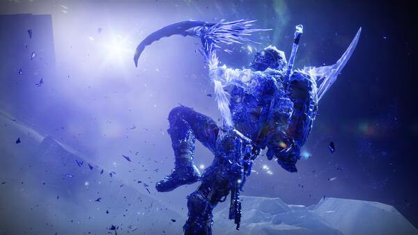 A Destiny 2 screenshot featuring a Guardian encased in ice, wielding a glowing scythe-like weapon in a frozen battlefield.
