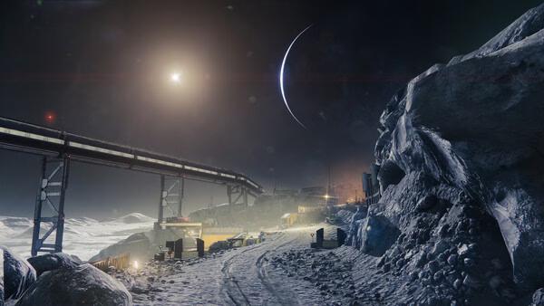 A Destiny 2 screenshot showing a moonlit lunar landscape with a long industrial bridge and a crescent Earth in the sky.