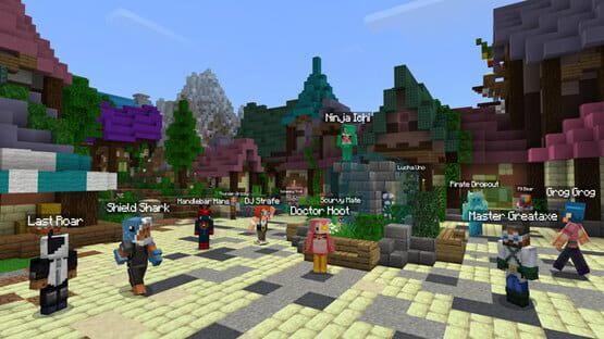 Screenshot from Minecraft: Java Edition showing players with custom skins standing in a colorful village square.
