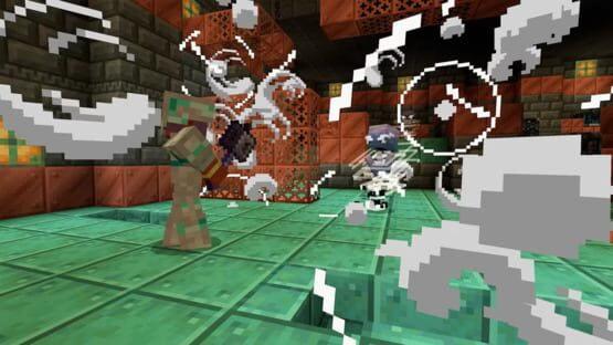 A Minecraft: Java Edition screenshot showing two characters battling in a colorful, blocky arena with swirling effects.