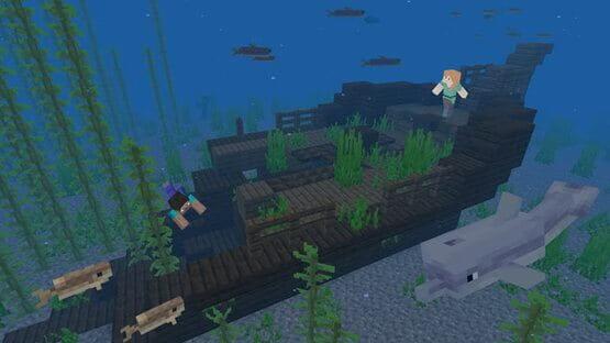 Screenshot from Minecraft: Java Edition showing two characters swimming near an underwater shipwreck with fish and a dolphin.