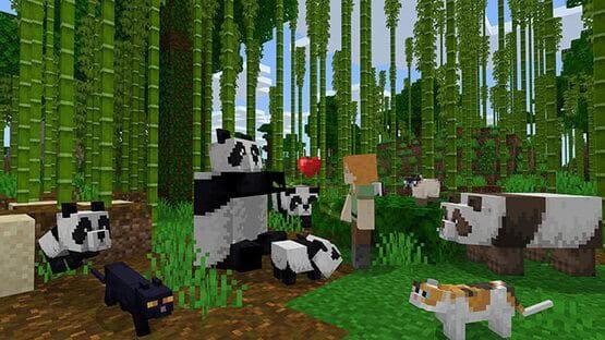 Screenshot from Minecraft: Java Edition showing a player near pandas, bamboo, and cats in a lush jungle environment.