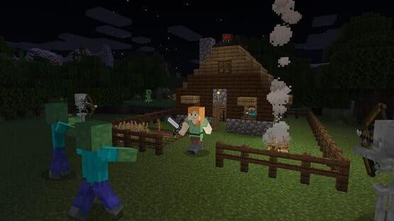A Minecraft: Java Edition screenshot showing a player with a sword defending a wooden house from zombies and skeletons at night.