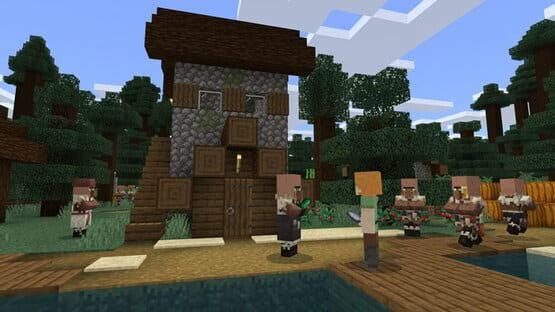 A screenshot from Minecraft: Java Edition showing villagers gathered near a stone and wood house surrounded by trees and a pond.