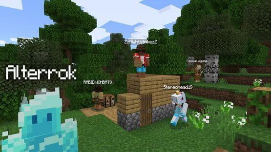 A screenshot from Minecraft: Java Edition showing players gathered on and around a wooden house in a forest clearing.