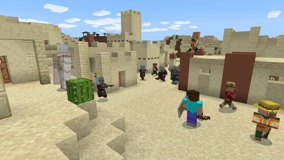 Screenshot of Minecraft: Java Edition showing a desert village under attack by pillagers, with villagers and an iron golem defending.