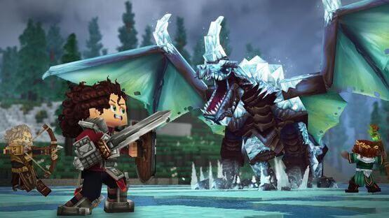 A Hytale screenshot showing heroes battling an ice dragon on a frozen lake, with weapons drawn and icy terrain in the background.