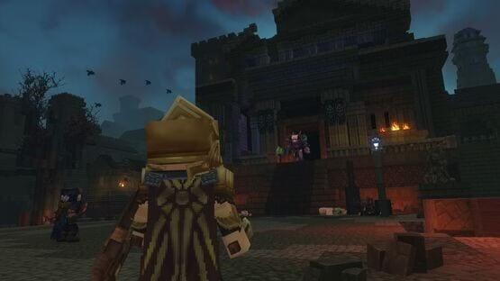 A Hytale screenshot showing a character approaching a dark, ominous temple with glowing lights and a figure at the entrance.