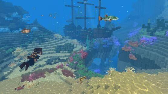 A Hytale screenshot showing an underwater scene with a sunken ship, colorful coral, fish, and a character swimming nearby.