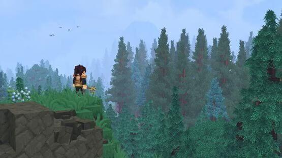 A Hytale screenshot showing a character standing on a grassy cliff, overlooking a dense forest with birds in the sky.
