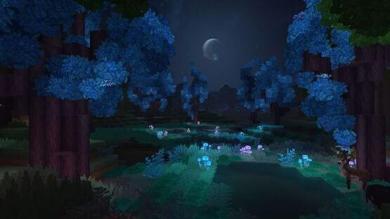 A Hytale screenshot showing a serene, moonlit forest with glowing blue trees, vibrant plants, and a calm pond.
