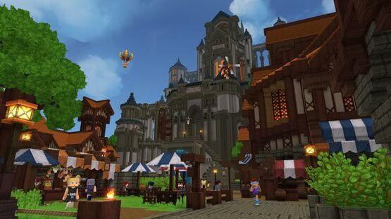 A Hytale screenshot showing a bustling medieval town square with market stalls, NPCs, and a grand castle in the background.
