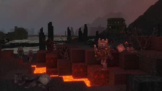 Hytale screenshot showing armored enemies near glowing lava and dark ruins under a smoky, red-tinged sky.