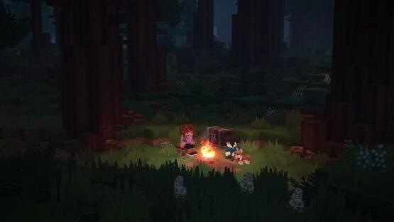 A Hytale screenshot showing a character and a dog sitting by a campfire in a dark, lush forest at night.