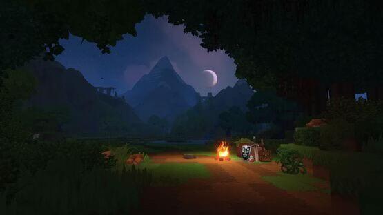 A Hytale screenshot showing a campfire, supplies, and a scenic view of a forest and mountain under a crescent moon.