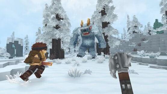 A Hytale screenshot showing a player with an axe approaching a horned, blue monster in a snowy forest setting.