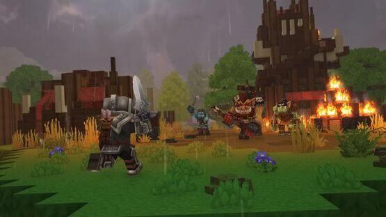 A Hytale screenshot showing a warrior with a sword facing off against orcs near a burning village in a grassy area.