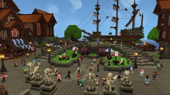 Hytale screenshot: A bustling harbor town square with NPCs, market stalls, statues, and a large ship docked in the background.