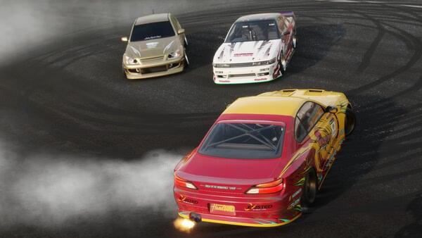 A screenshot from CarX Drift Racing Online showing three cars drifting on a track, leaving tire marks and smoke trails.