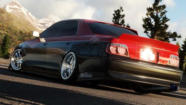 A screenshot from CarX Drift Racing Online showing a modified red and black car drifting on a mountain road with trees and mountains.