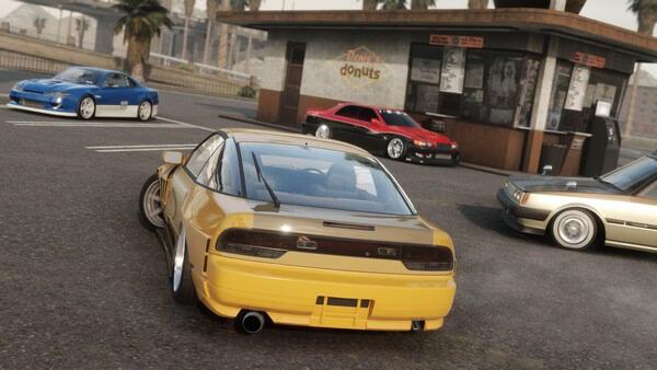 A CarX Drift Racing Online screenshot showing four cars drifting near a donut shop in a sunny urban setting.