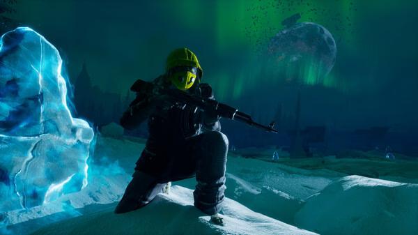 A Permafrost screenshot featuring a player character in a yellow helmet holding a rifle, with icy terrain and a glowing planet in the background.