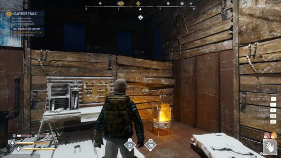 Permafrost screenshot: A player stands in a snowy wooden cabin with a lit fire, navigating the Scavenger Trails quest.