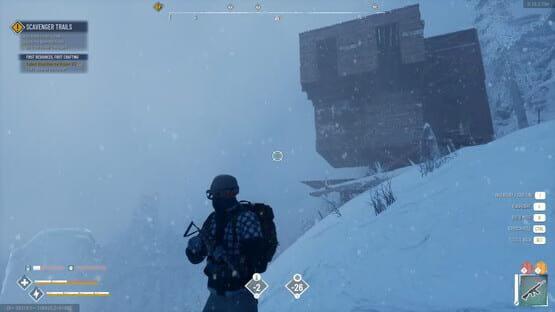 A screenshot from Permafrost showing a player in snowy terrain near a wooden structure, equipped with survival gear.