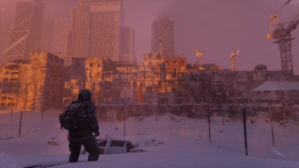 Permafrost screenshot: A lone figure in winter gear explores a snowy, abandoned urban area with tall buildings in the background.