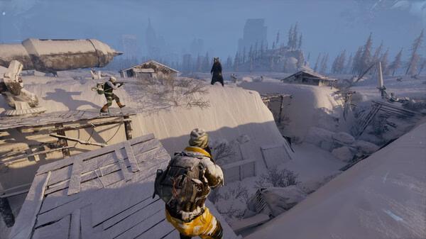 Screenshot from Permafrost: Players navigate a snowy post-apocalyptic landscape with ruins and armed characters in view.