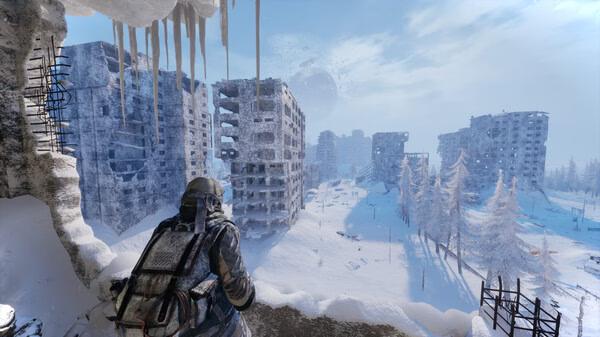 A screenshot from Permafrost showing a player overlooking a snowy, post-apocalyptic city with damaged buildings and icy terrain.