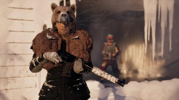 A screenshot from the game Permafrost shows a character in a bear hat holding a rifle, with icy terrain and another figure in the background.