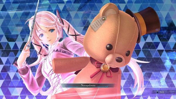 Screenshot from The Legend of Heroes: Trails through Daybreak II showing a character with a large teddy bear against a geometric background.