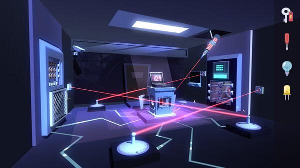 Agent A: A puzzle in disguise screenshot of a dark room with red laser beams and control panels.