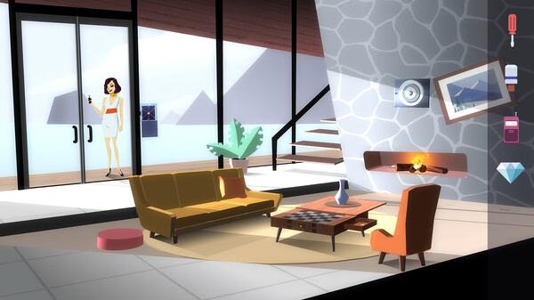 Agent A: A puzzle in disguise screenshot showing a woman outside glass doors by a lounge with a sofa and coffee table.