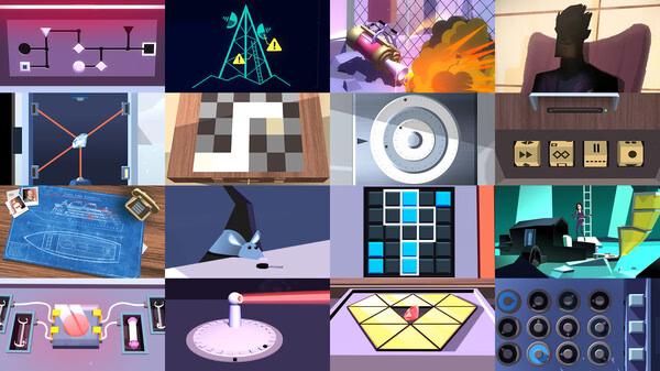 Agent A: A puzzle in disguise screenshot showing a collage of various game puzzles, including a laser maze, chessboard, and dial.