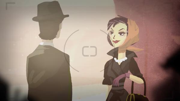 Agent A: A puzzle in disguise screenshot showing a woman in a headscarf facing a man in a trench coat.