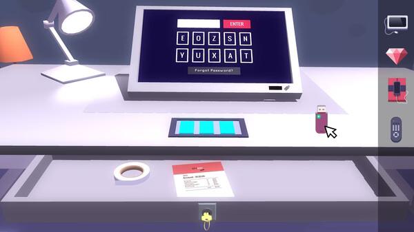 Agent A: A puzzle in disguise screenshot showing a laptop password screen and a USB drive on a desk.