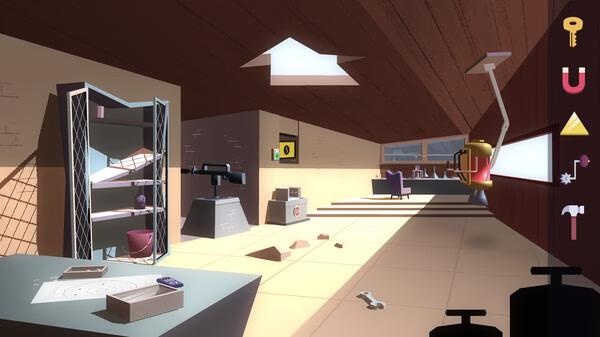 Screenshot of Agent A: A puzzle in disguise showing a lab room with shelves, papers, a robot arm, and boxes.
